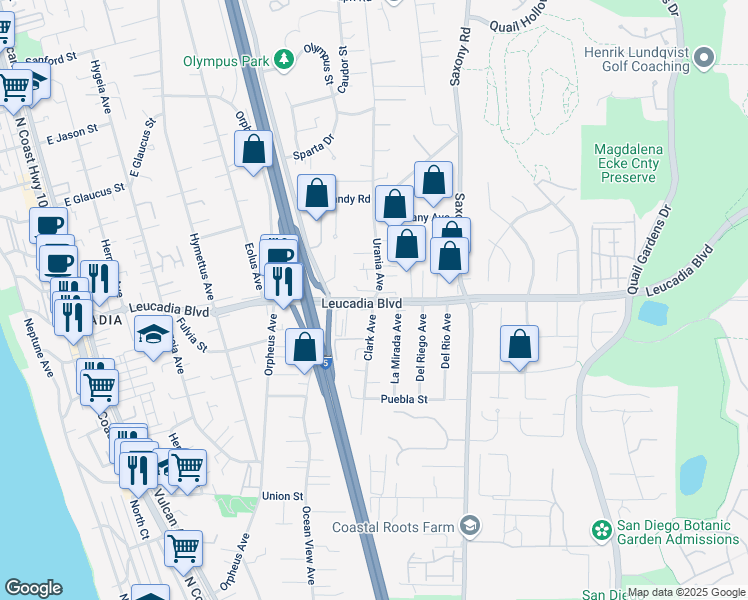 map of restaurants, bars, coffee shops, grocery stores, and more near Leucadia Blvd & Clark Ave in Encinitas