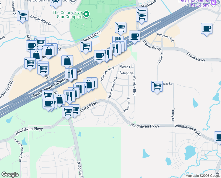 map of restaurants, bars, coffee shops, grocery stores, and more near 700 Highwood Trail in The Colony
