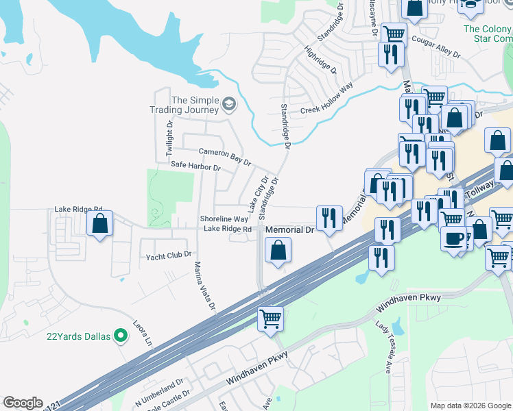 map of restaurants, bars, coffee shops, grocery stores, and more near 601 Lake City Drive in Lewisville