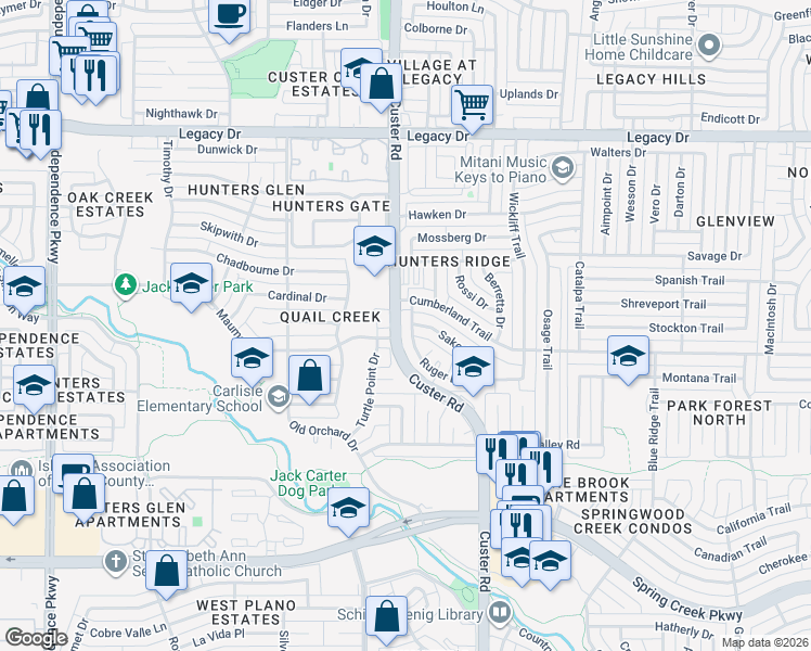 map of restaurants, bars, coffee shops, grocery stores, and more near 6557 Ruger Drive in Plano