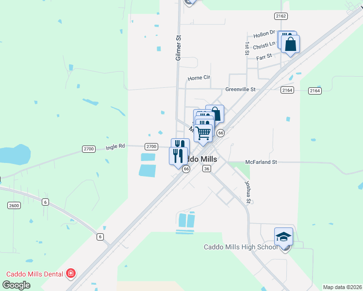 map of restaurants, bars, coffee shops, grocery stores, and more near 2305 Gilmer Street in Caddo Mills