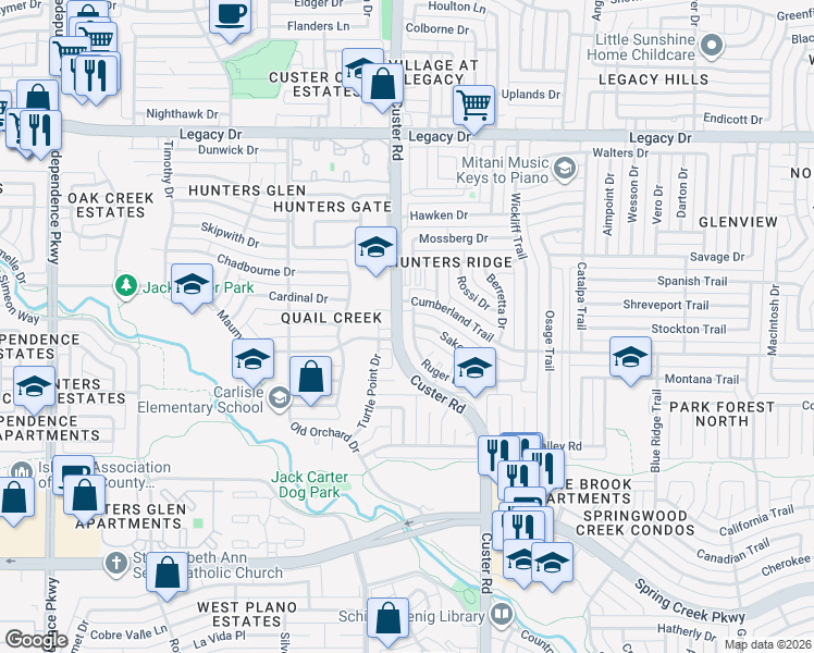 map of restaurants, bars, coffee shops, grocery stores, and more near 6557 Ruger Drive in Plano