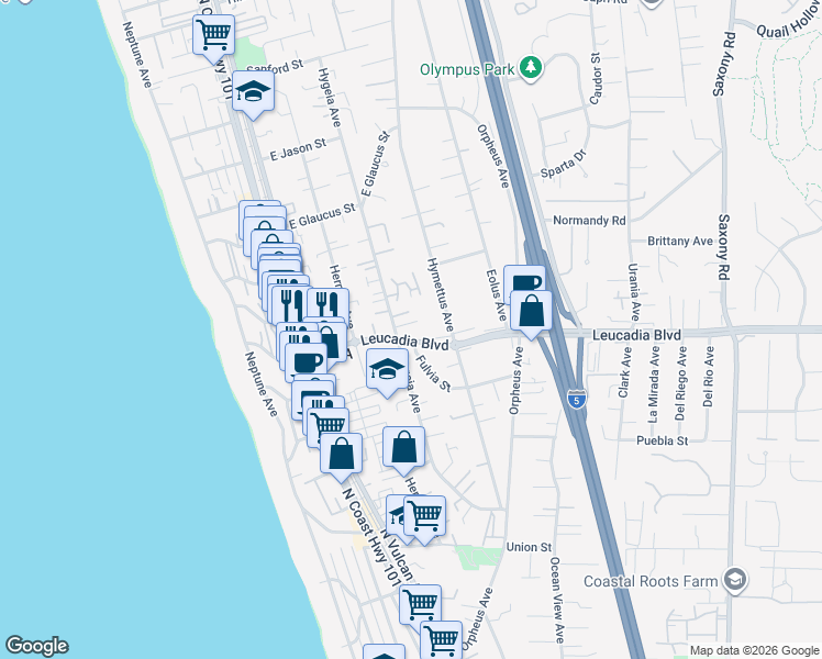 map of restaurants, bars, coffee shops, grocery stores, and more near 315 Crocus Court in Encinitas