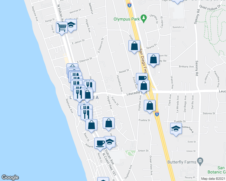 map of restaurants, bars, coffee shops, grocery stores, and more near 321 Crocus Court in Encinitas