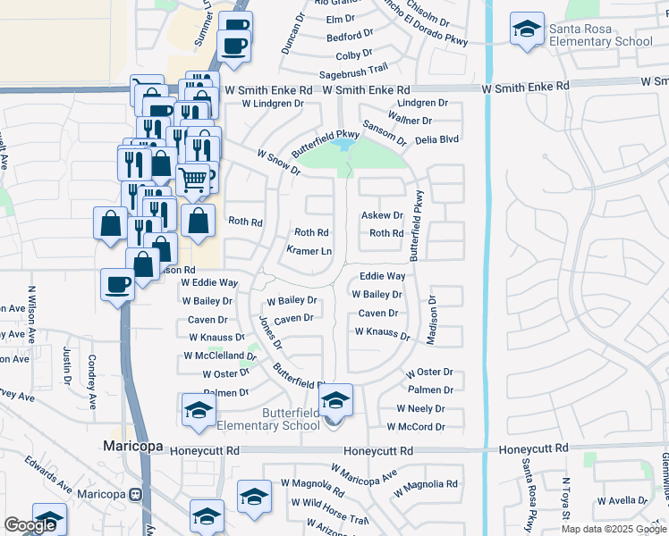 map of restaurants, bars, coffee shops, grocery stores, and more near 43782 Kramer Lane in Maricopa