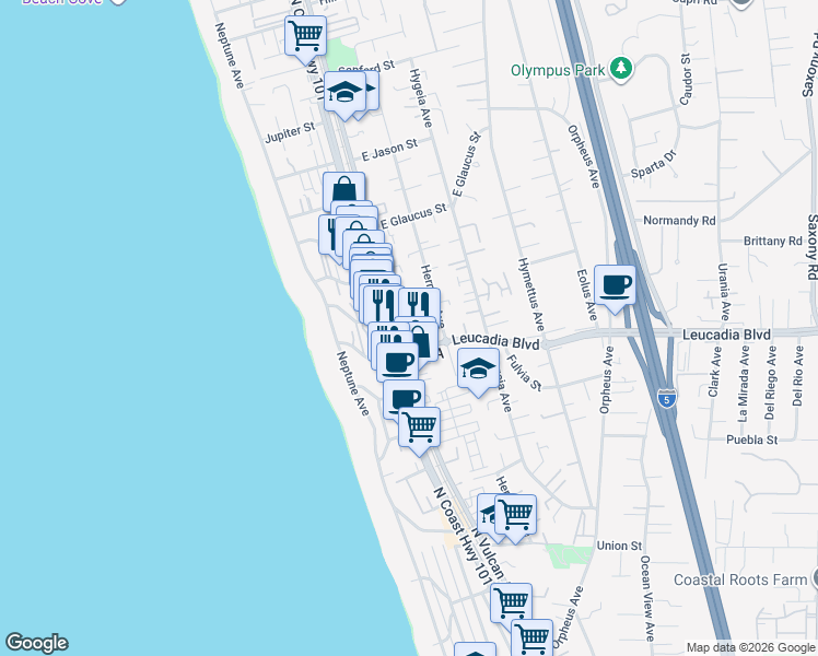 map of restaurants, bars, coffee shops, grocery stores, and more near 925 North Vulcan Avenue in Encinitas