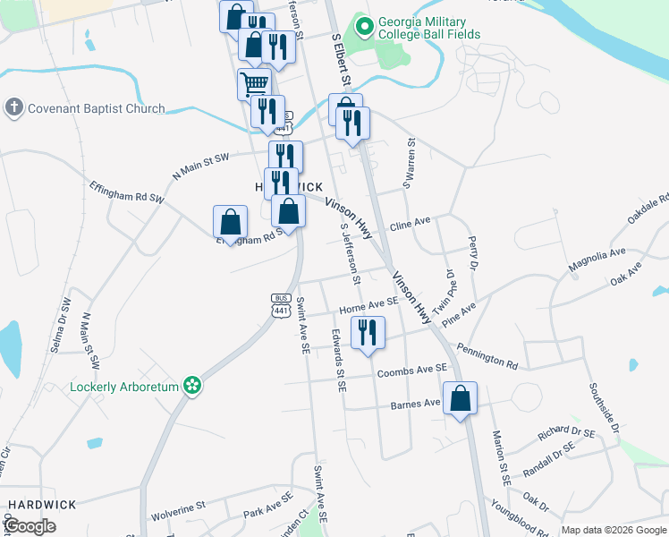 map of restaurants, bars, coffee shops, grocery stores, and more near 121 Cline Avenue in Milledgeville