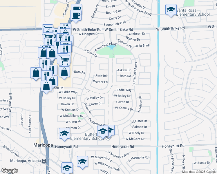 map of restaurants, bars, coffee shops, grocery stores, and more near 20413 Santa Cruz Drive in Maricopa