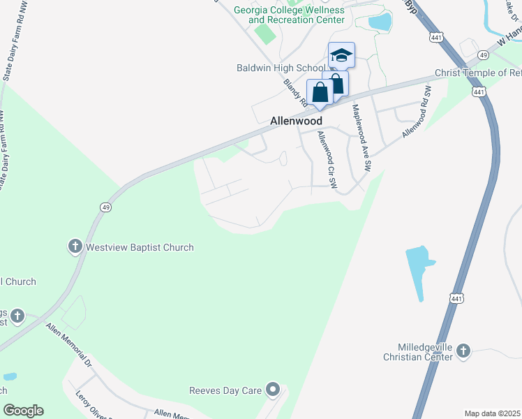 map of restaurants, bars, coffee shops, grocery stores, and more near 103 Nature Creek Circle in Milledgeville