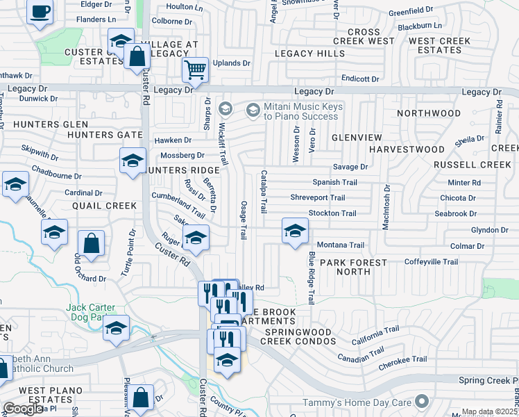 map of restaurants, bars, coffee shops, grocery stores, and more near 6617 Catalpa Trail in Plano