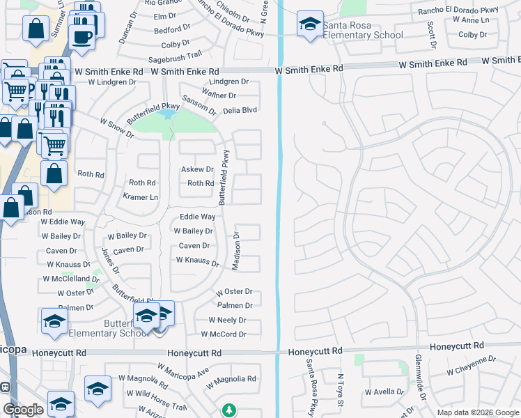 map of restaurants, bars, coffee shops, grocery stores, and more near 13201 Kramer Lane in Maricopa
