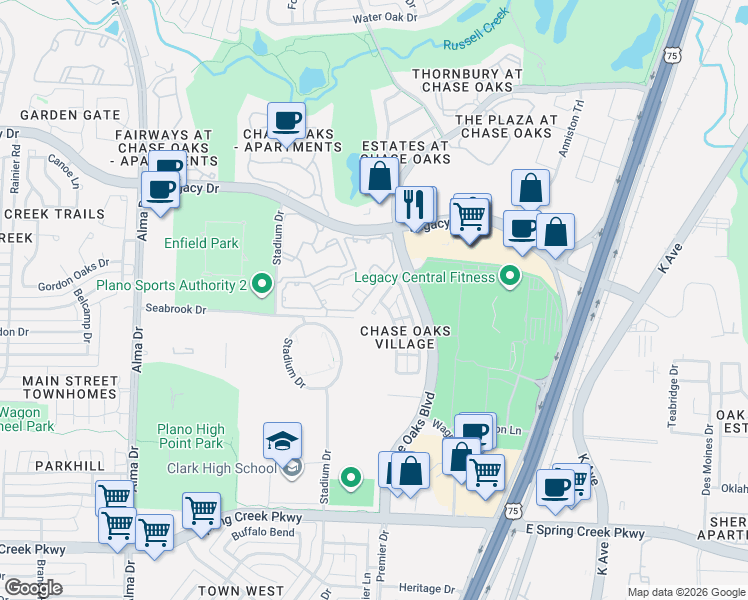 map of restaurants, bars, coffee shops, grocery stores, and more near 333 Metropolitan Drive in Plano