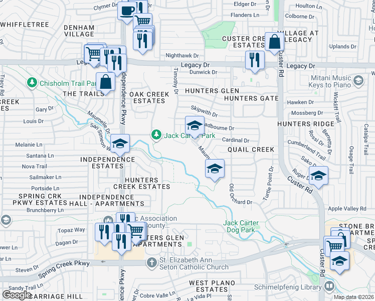 map of restaurants, bars, coffee shops, grocery stores, and more near 2400 Maumelle Drive in Plano