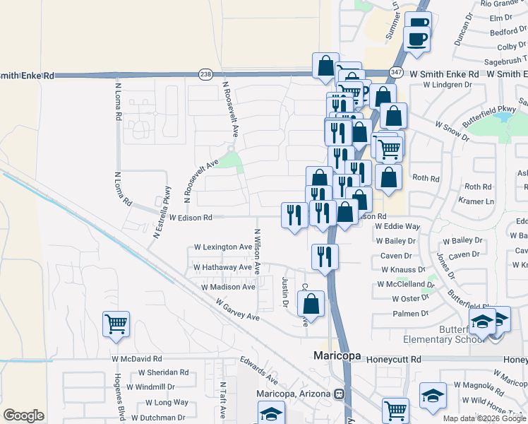 map of restaurants, bars, coffee shops, grocery stores, and more near 45111 Bahia Drive in Maricopa