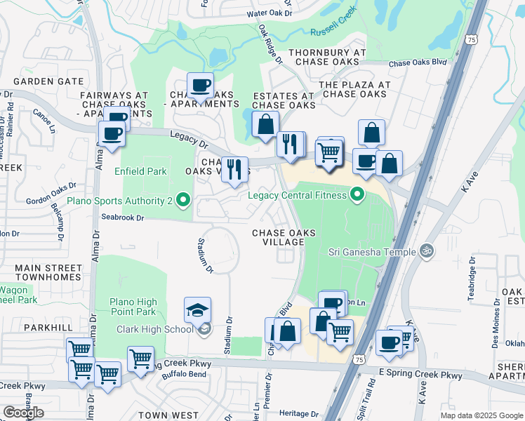map of restaurants, bars, coffee shops, grocery stores, and more near 333 Metropolitan Drive in Plano