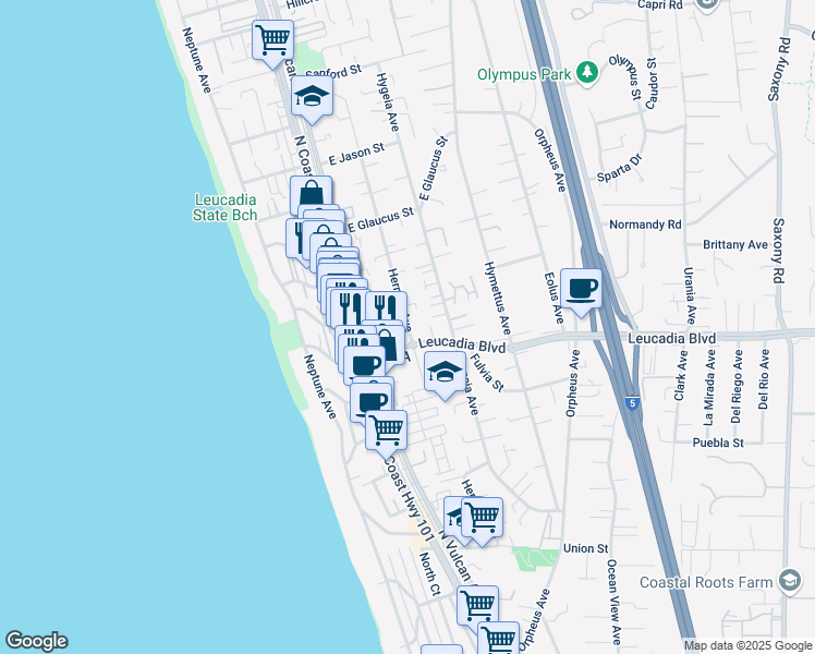 map of restaurants, bars, coffee shops, grocery stores, and more near Hermes Avenue in Encinitas