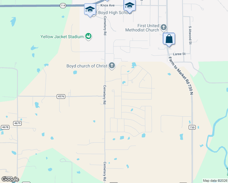 map of restaurants, bars, coffee shops, grocery stores, and more near 503 Cemetery Road in Boyd