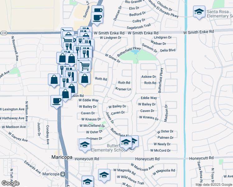 map of restaurants, bars, coffee shops, grocery stores, and more near 43968 West Griffis Drive in Maricopa