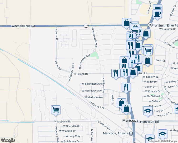 map of restaurants, bars, coffee shops, grocery stores, and more near 45306 Miramar Road in Maricopa
