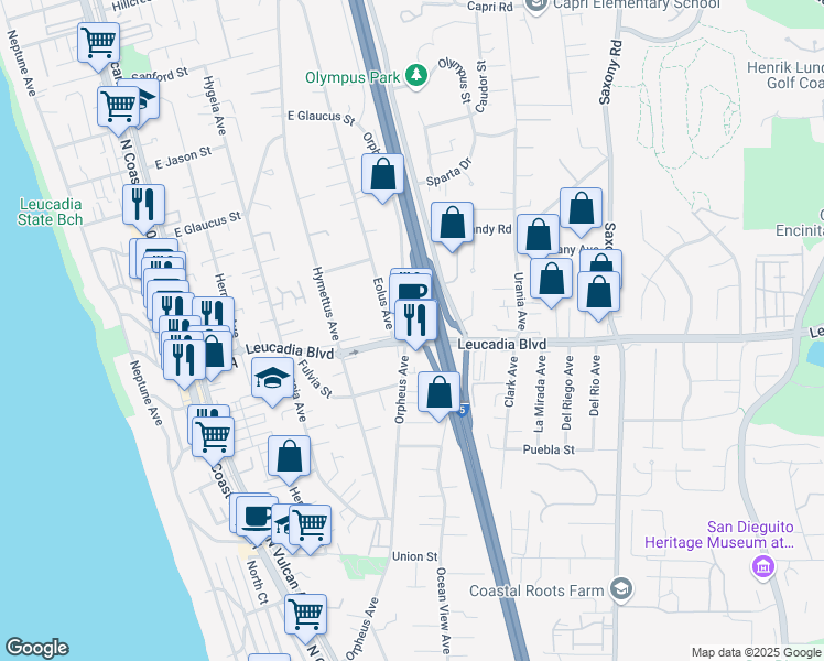 map of restaurants, bars, coffee shops, grocery stores, and more near 905 Orpheus Avenue in Encinitas