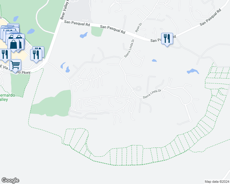map of restaurants, bars, coffee shops, grocery stores, and more near 3829 Pinnacle Place in Escondido
