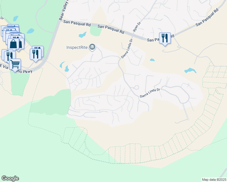 map of restaurants, bars, coffee shops, grocery stores, and more near 3829 Pinnacle Place in Escondido