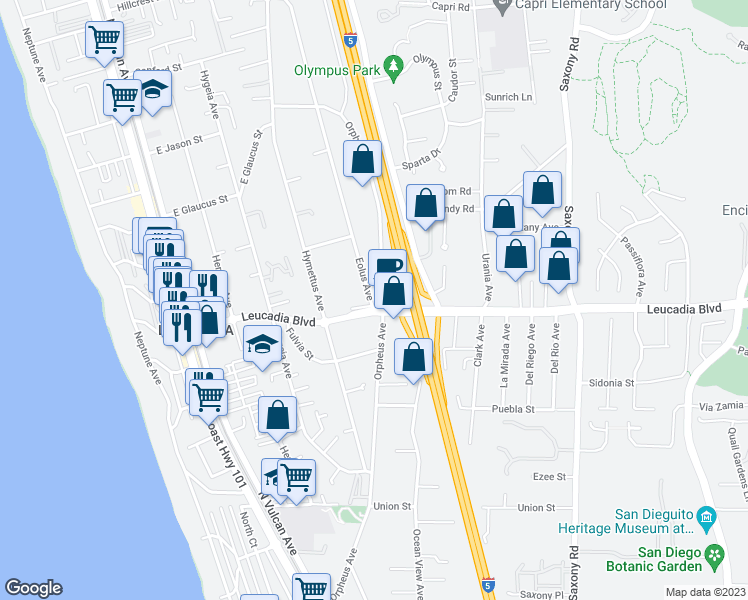 map of restaurants, bars, coffee shops, grocery stores, and more near 940 Orpheus Avenue in Encinitas