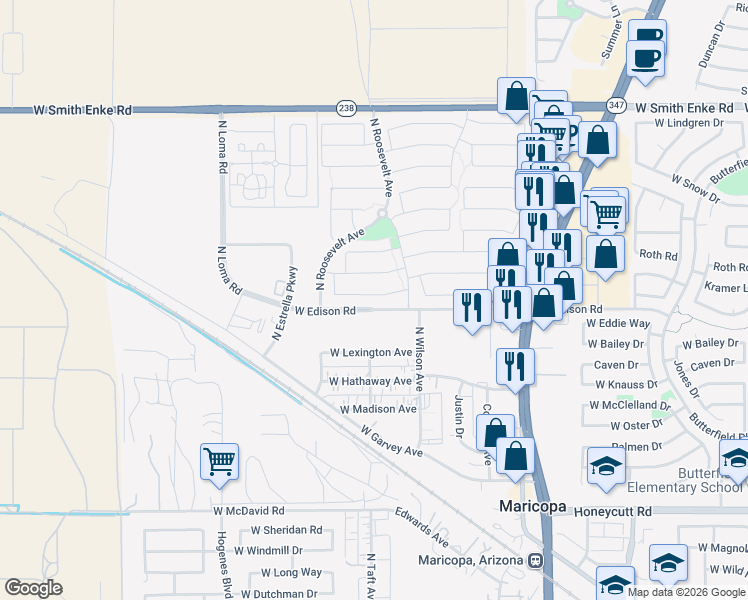 map of restaurants, bars, coffee shops, grocery stores, and more near 45305 Miramar Road in Maricopa