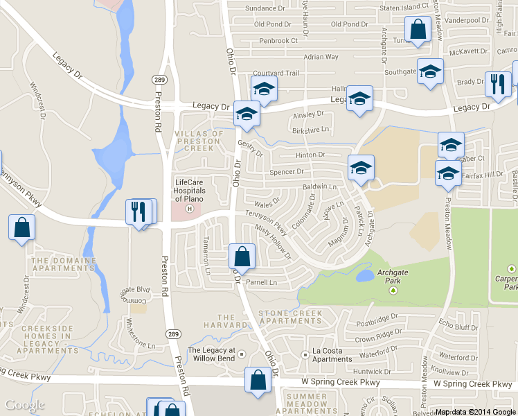 map of restaurants, bars, coffee shops, grocery stores, and more near 4669 Wales Drive in Plano