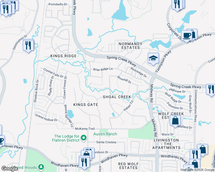map of restaurants, bars, coffee shops, grocery stores, and more near 6621 Riverside Drive in Plano