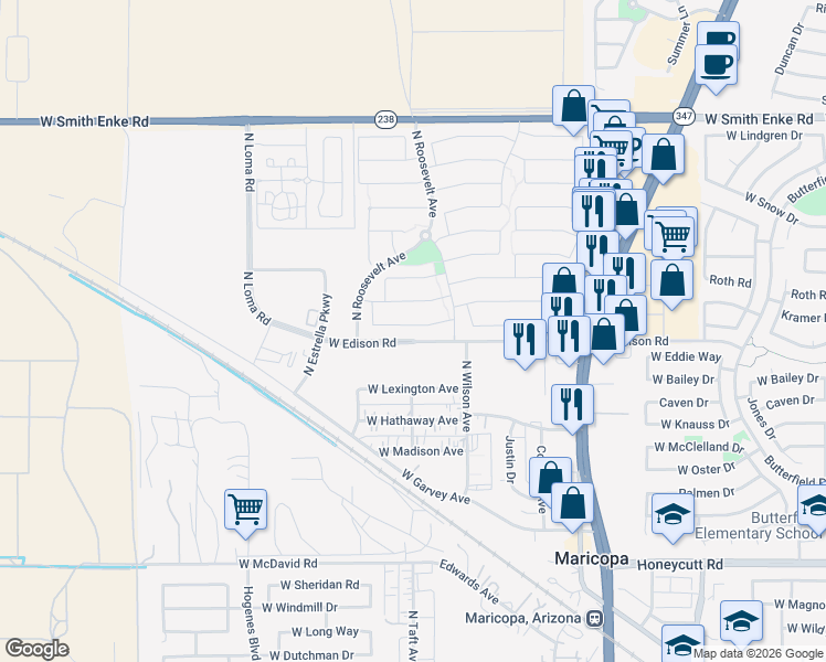 map of restaurants, bars, coffee shops, grocery stores, and more near 45306 Miramar Road in Maricopa