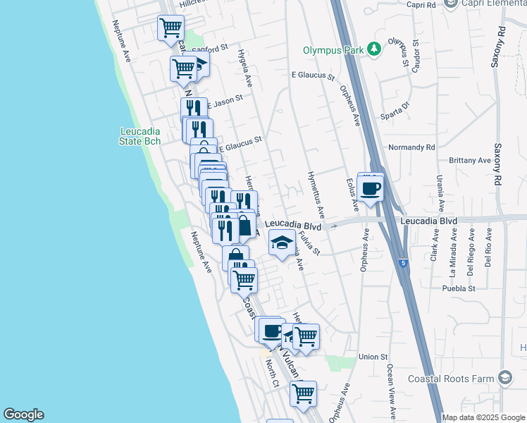 map of restaurants, bars, coffee shops, grocery stores, and more near 925 Hermes Avenue in Encinitas