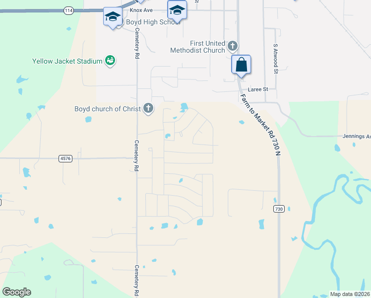 map of restaurants, bars, coffee shops, grocery stores, and more near 404 Green Meadow Court in Boyd