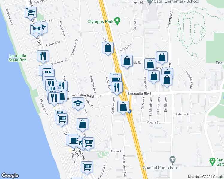 map of restaurants, bars, coffee shops, grocery stores, and more near 930 Orpheus Avenue in Encinitas