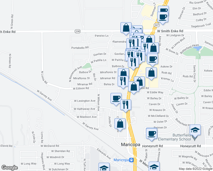 map of restaurants, bars, coffee shops, grocery stores, and more near 45015 Bahia Drive in Maricopa