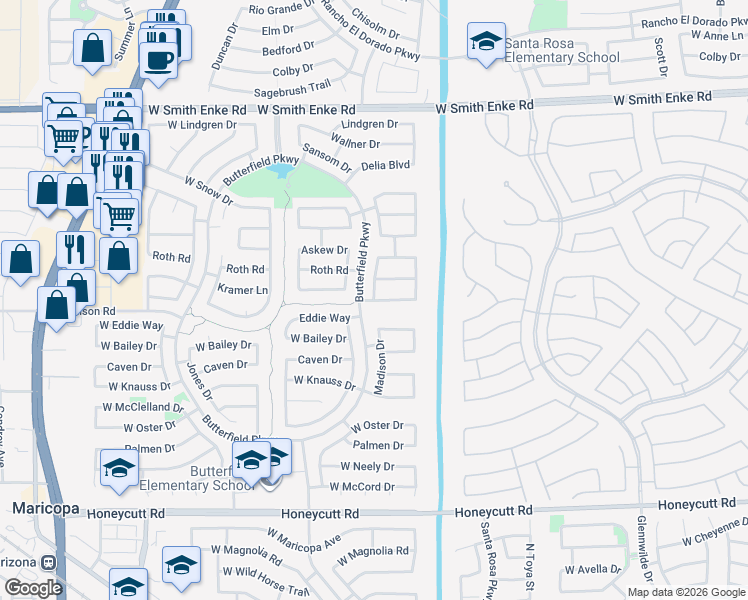 map of restaurants, bars, coffee shops, grocery stores, and more near 19696 North Madison Drive in Maricopa