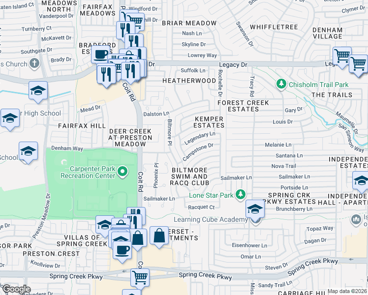 map of restaurants, bars, coffee shops, grocery stores, and more near 3713 Legendary Lane in Plano