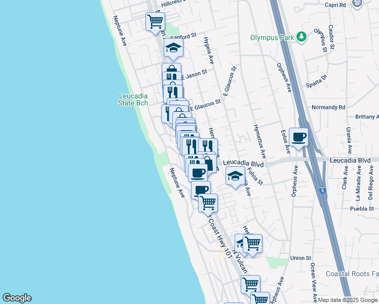 map of restaurants, bars, coffee shops, grocery stores, and more near North Coast Highway 101 in Encinitas