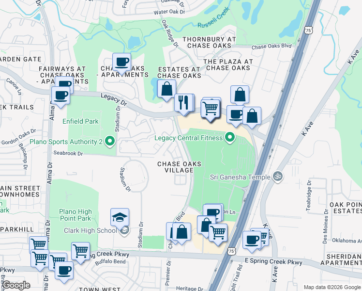 map of restaurants, bars, coffee shops, grocery stores, and more near 6676 Federal Hall Street in Plano