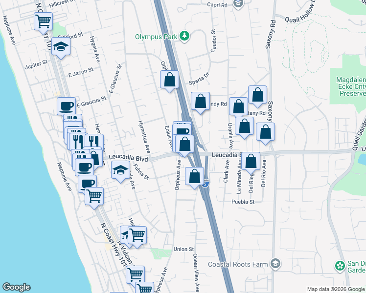 map of restaurants, bars, coffee shops, grocery stores, and more near 905 Orpheus Avenue in Encinitas