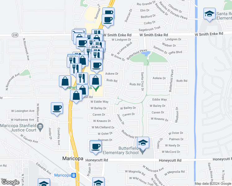 map of restaurants, bars, coffee shops, grocery stores, and more near 20459 North Marquez Drive in Maricopa