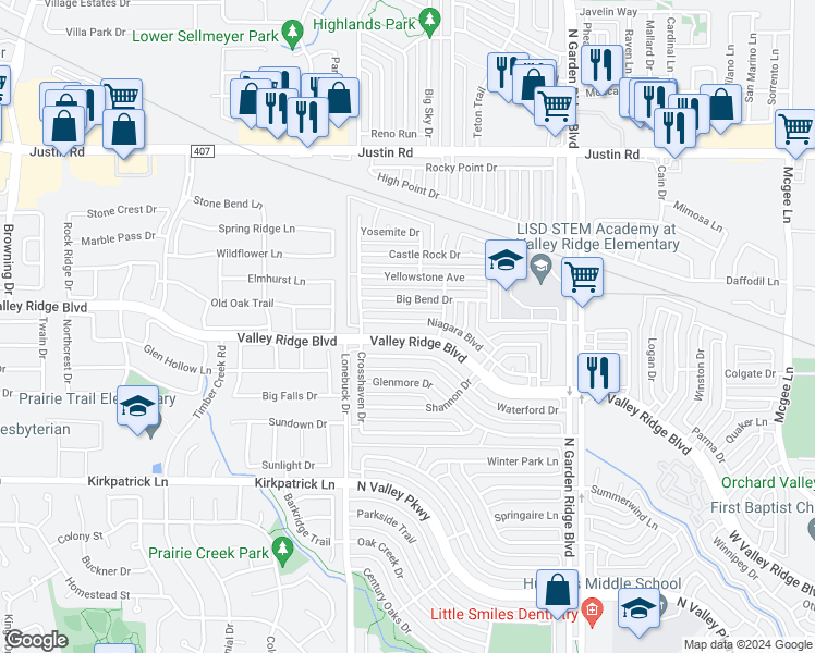 map of restaurants, bars, coffee shops, grocery stores, and more near 1656 Niagara Boulevard in Lewisville