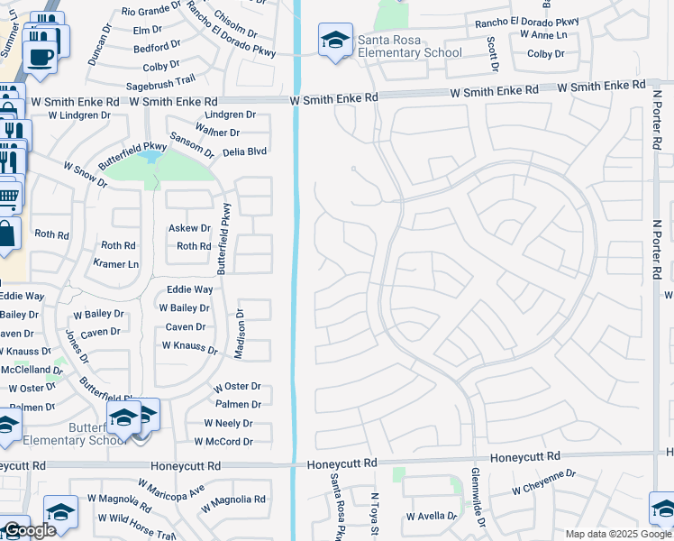 map of restaurants, bars, coffee shops, grocery stores, and more near 20468 Wishing Well Lane in Maricopa