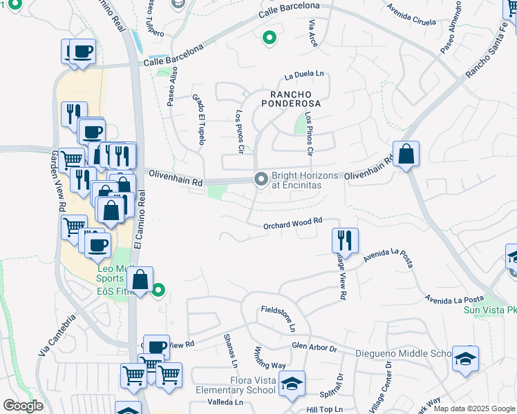 map of restaurants, bars, coffee shops, grocery stores, and more near 1707 Willowhaven Road in Encinitas