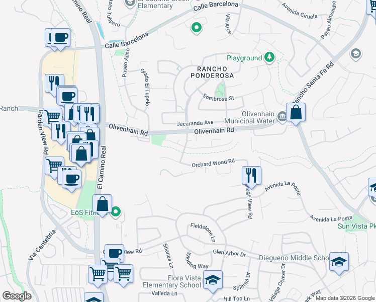 map of restaurants, bars, coffee shops, grocery stores, and more near 1707 Willowhaven Road in Encinitas