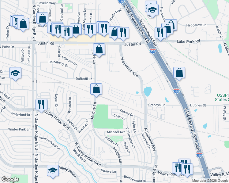 map of restaurants, bars, coffee shops, grocery stores, and more near 1268 Lamar Drive in Lewisville