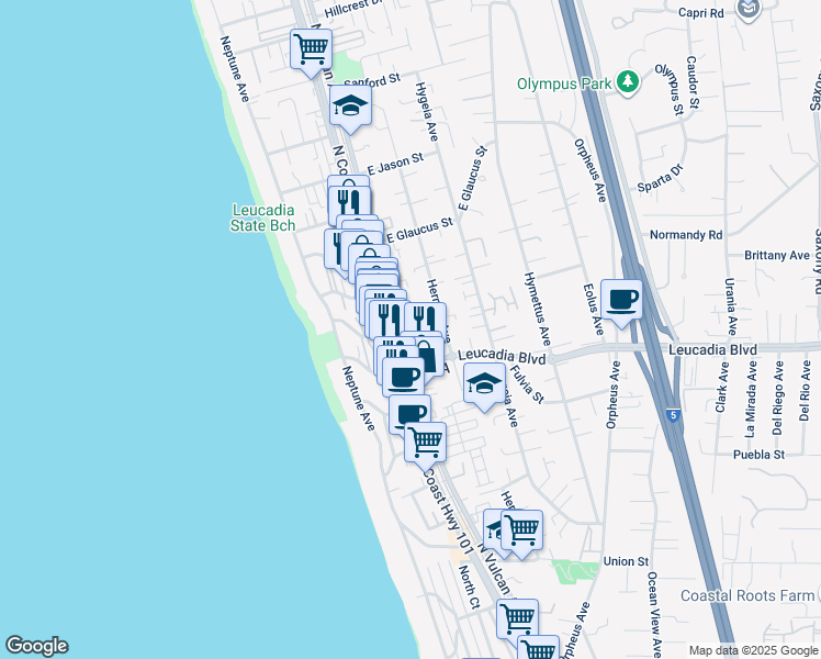 map of restaurants, bars, coffee shops, grocery stores, and more near 959 North Vulcan Avenue in Encinitas
