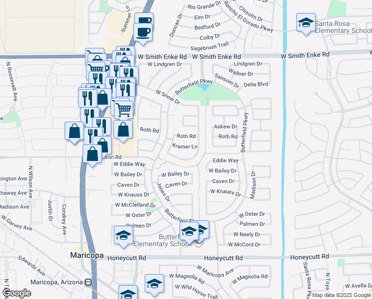 map of restaurants, bars, coffee shops, grocery stores, and more near 43865 West Kramer Lane in Maricopa