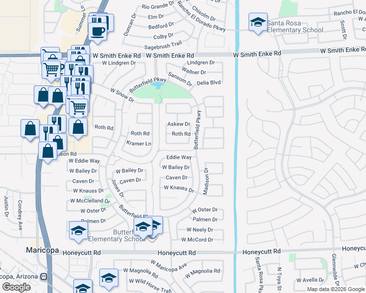 map of restaurants, bars, coffee shops, grocery stores, and more near 43484 Kramer Lane in Maricopa