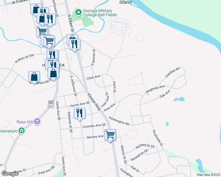 map of restaurants, bars, coffee shops, grocery stores, and more near 1291 Pinewood Drive Southeast in Milledgeville